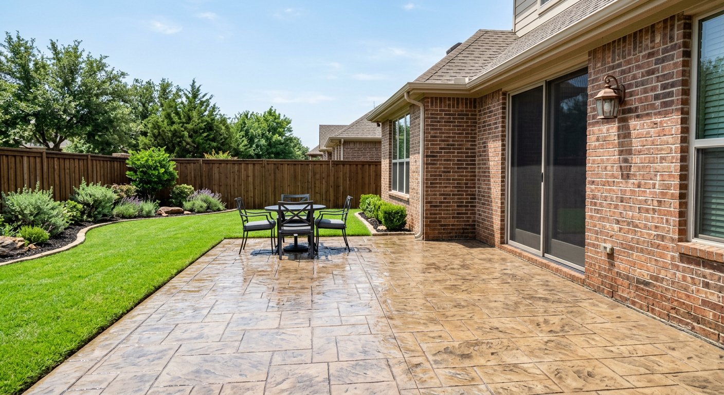 Spotless backyard patio after pressure washing, with a subtle wet sheen