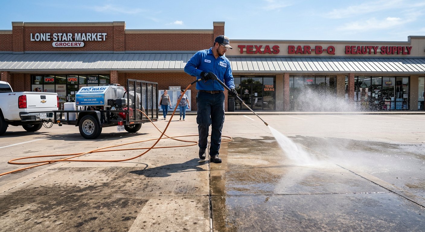 Worker pressure washing a commercial sidewalk in front of a storefront