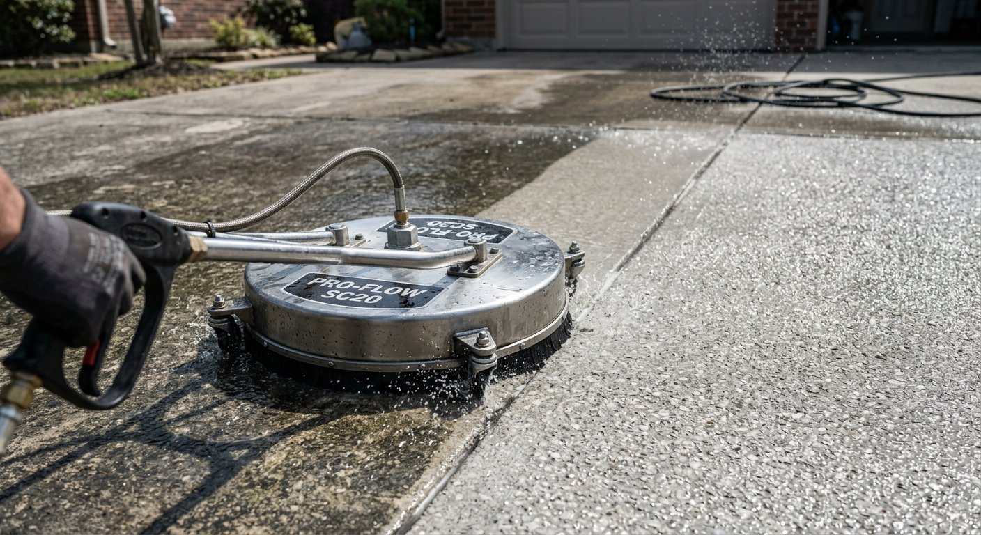 Professional surface cleaner machine leaving a clean path across a concrete driveway